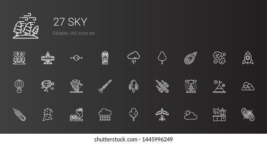 sky icons set. Collection of sky with cloudy, airplane, cotton candy, rain, tornado, constellation, asteroid, meteorites, spaceship, rocket ship. Editable and scalable sky icons.