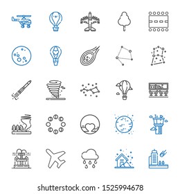 sky icons set. Collection of sky with meteorite, storm, raining, plane, fountain, control tower, moon, pluto, moon phases, tornado, airport, hot air balloon. Editable and scalable sky icons.