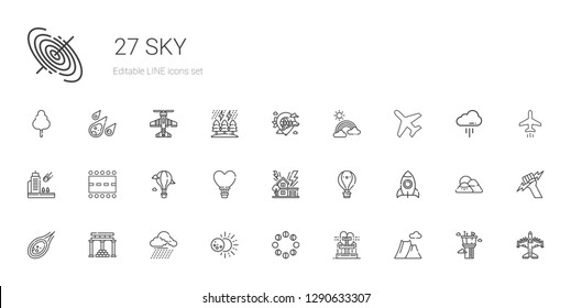 sky icons set. Collection of sky with mountain, fountain, moon phases, eclipse, storm, temple of apollo, meteorite, rocket, hot air balloon, runway. Editable and scalable sky icons.