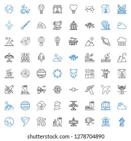 sky icons set. Collection of sky with pilot, fountain, zeppelin, airplane, tornado, asteroids, moon, cloudy, observatory, constellation, storm. Editable and scalable sky icons.