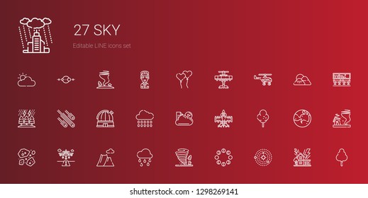 sky icons set. Collection of sky with solar system, moon phases, tornado, raining, mountain, runway, asteroids, cotton candy, airplane, cloud. Editable and scalable sky icons.