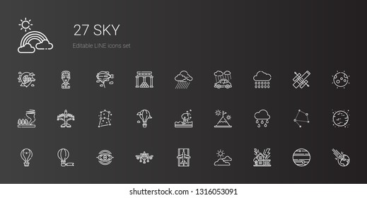 sky icons set. Collection of sky with storm, cloudy, runway, airplane, nebula, hot air balloon, raining, mountain, hurricane, constellation, tornado. Editable and scalable sky icons.