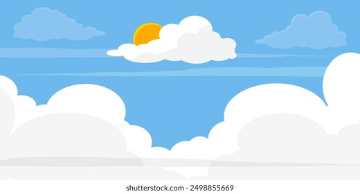 
Ilustración de cielo con nubes y sol en estilo plano. Cielo, sol y fondo de nubes. Ilustración de dibujos animados de Vector nublado en color azul. Fondo de pantalla abstracto de Naturaleza. nubes, sol y cielo.