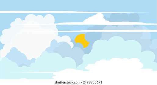 
Sky Illustration with Clouds and sun in flat style. Sky, sun and clouds background. Cloudy vector cartoon illustration in blue color. Nature abstract wallpaper. clouds, sun and sky.