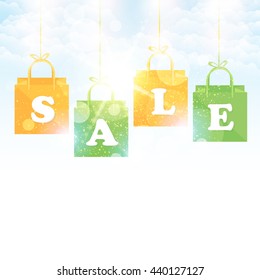 Sky Illustration and Hanging Shop Bag Stylish Text Sale Ad Web Banner Design