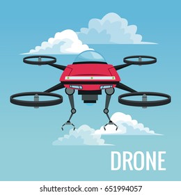 sky landscape background robot drone with metal arms and four airscrew