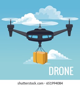 sky landscape background robot drone carrying box with three airscrew