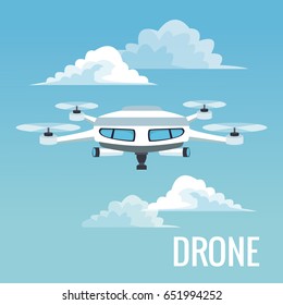 sky landscape background white modern robot drone with four airscrew and pair of telescope
