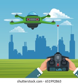 sky landscape with buildings scene and people handle remote control with green robot drone with four airscrew