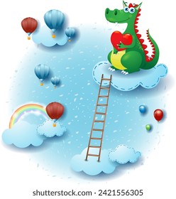 Sky landscape with clouds, dragon in love and ladder. Fantasy illustration vector eps10