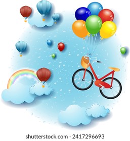 Paisaje del cielo con nubes, bicicleta voladora y globos. Ilustración de fantasía eps10