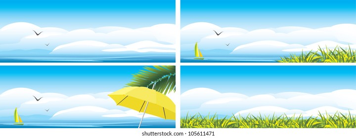 Sky landscape with clouds and grass. Summer background. Vector