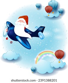 Sky landscape with clouds and Santa on the airplane, fantasy illustration. Vector eps10
