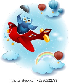 Sky landscape with funny owl and airplane, vector illustration esp10