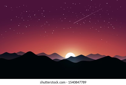 sky landscape with mountain range and moonlight