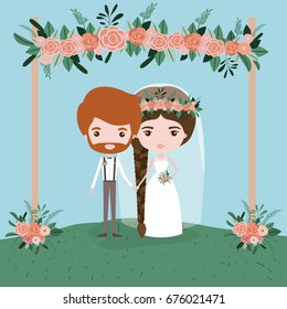 sky landscape scene background in grass with couple of just married under decorative frame with floral ornaments in wooden poles vector illustration