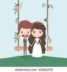 sky landscape scene background in grass with couple of just married in decorative swing in wooden poles with floral ornaments vector illustration