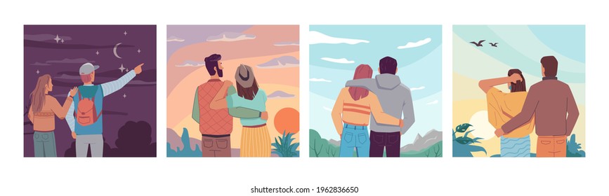 Sky landscape travel people looking at night starry sky, sunrise or sunset, flying birds at daytime. Vector couple in love observation nature and dreaming together. Inspiration and imagination