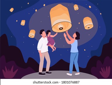 Sky Lantern Festival Flat Color Vector Illustration. Paper Lights Flying. Parents With Child Spend Quality Time Together In Evening. Family 2D Cartoon Characters With Night Sky On Background