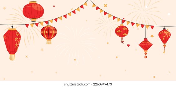 Sky lantern festival. Traditional asian paper lamps and fireworks for Chinese New year celebration, oriental design for posters, greeting cards. Vector banner of festival asian lantern illustration