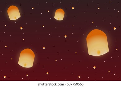 Sky lantern floating in a starry night sky. Vector Illustration