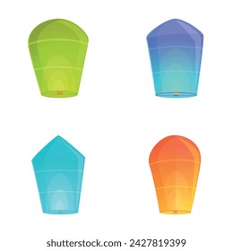 Sky lantern icons set cartoon vector. Various colorful sky lantern. Culture, tradition