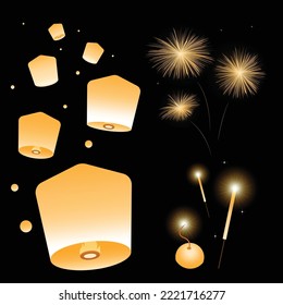 Linterna del cielo, parkler de quemadura de luz y vector de fuegos artificiales