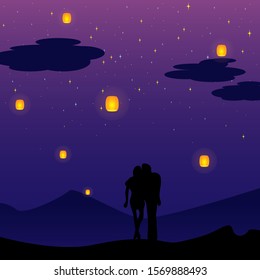 Sky lantern and night sky romantic vector illustration