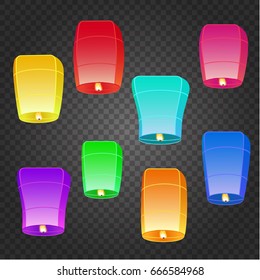 Sky lantern set. Colorful chinese balloons on transparent background. Traditional asian lamps. Isolated vibrant sky lantern. For festival invitation, birthday, party celebration.