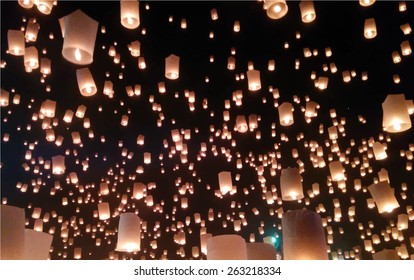 Sky lanterns firework festival, Chiang Mai, Thailand, Loy Krathong and Yi Peng Festival. Vector background