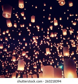 Sky lanterns firework festival, Chiang Mai, Thailand, Loy Krathong and Yi Peng Festival. Vector background