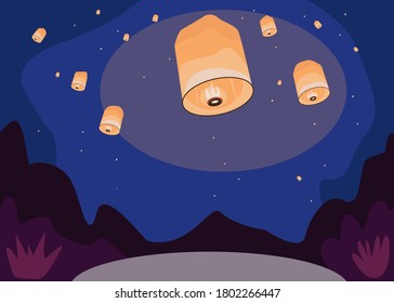 Sky Lanterns Flat Color Vector Illustration. Traditional Chinese Festival. Romantic Nightscape With Floating Lights. Flying Paper Lanterns 2D Cartoon Objects With Night Sky On Background