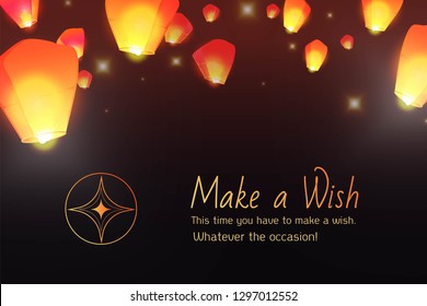 Sky lanterns, floating. Make a wish in a dark night. Vector illustration. Chinese New Year of the rooster.