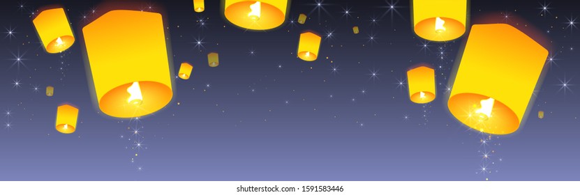 Sky lanterns floating in night sky. Cartoon style. Vector illustration.