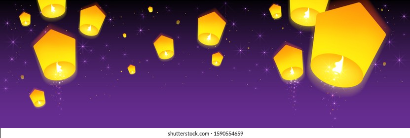 Sky lanterns floating in night sky. Design horizontal banner for lanterns festival. Vector illustration. 