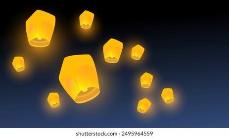 Linternas del cielo flotando en el cielo de la noche. Tailandia Loy Krathong y Yi Peng festival de fondo. Ilustración vectorial.