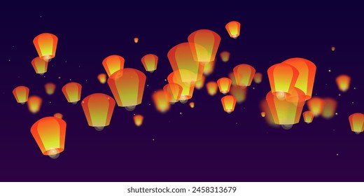 Sky lanterns floating in the night sky. Thailand holiday with paper lantern lights flying in the night sky. Sky lantern festival celebration. Vector illustration on purple gradient background.