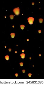 Sky lanterns floating in the night sky. Thailand holiday with paper lantern lights flying in the night sky. Sky lantern festival celebration. Vector illustration on black background.