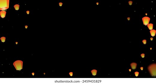 Sky lanterns floating in the night sky. Thailand holiday with paper lantern lights flying in the night sky. Sky lantern festival celebration. Vector illustration on black background.