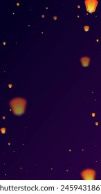Sky lanterns floating in the night sky. Thailand holiday with paper lantern lights flying in the night sky. Sky lantern festival celebration. Vector illustration on purple gradient background.