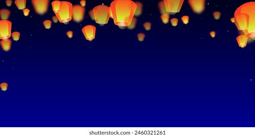 Sky lanterns floating in the night sky. Thailand holiday with paper lantern lights flying in the night sky. Sky lantern festival celebration. Vector illustration on dark blue background.
