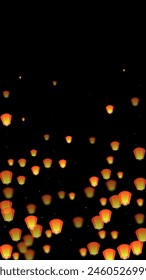 Sky lanterns floating in the night sky. Thailand holiday with paper lantern lights flying in the night sky. Sky lantern festival celebration. Vector illustration on black background.