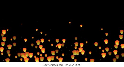 Linternas del cielo flotando en el cielo nocturno. Vacaciones en Tailandia con faroles de papel volando en el cielo nocturno. Celebración del festival de linternas. Ilustración vectorial sobre fondo negro.
