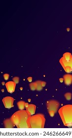 Sky lanterns floating in the night sky. Thailand holiday with paper lantern lights flying in the night sky. Sky lantern festival celebration. Vector illustration on purple gradient background.