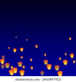 Sky lanterns floating in the night sky. Thailand holiday with paper lantern lights flying in the night sky. Sky lantern festival celebration. Vector illustration on dark blue background.