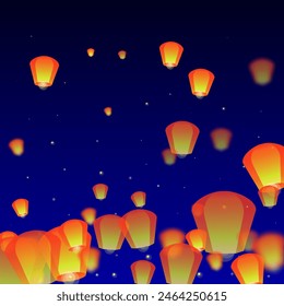 Sky lanterns floating in the night sky. Thailand holiday with paper lantern lights flying in the night sky. Sky lantern festival celebration. Vector illustration on dark blue background.