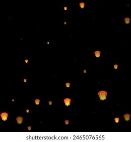 Sky lanterns floating in the night sky. Thailand holiday with paper lantern lights flying in the night sky. Sky lantern festival celebration. Vector illustration on black background.