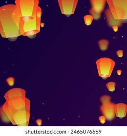 Sky lanterns floating in the night sky. Thailand holiday with paper lantern lights flying in the night sky. Sky lantern festival celebration. Vector illustration on purple gradient background.