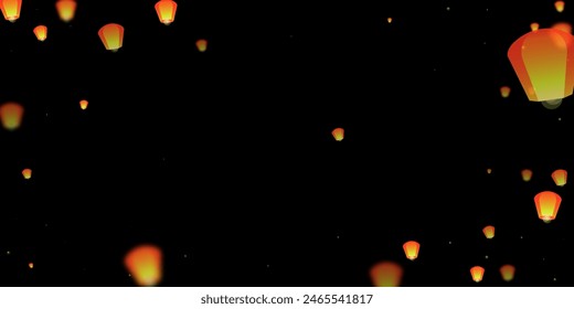 Sky lanterns floating in the night sky. Thailand holiday with paper lantern lights flying in the night sky. Sky lantern festival celebration. Vector illustration on black background.