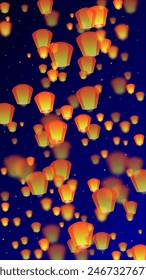 Sky lanterns floating in the night sky. Thailand holiday with paper lantern lights flying in the night sky. Sky lantern festival celebration. Vector illustration on dark blue background.